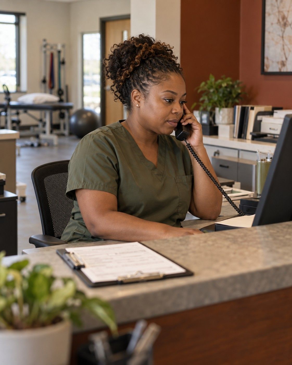 A clinic receptionist on the phone at the front desk