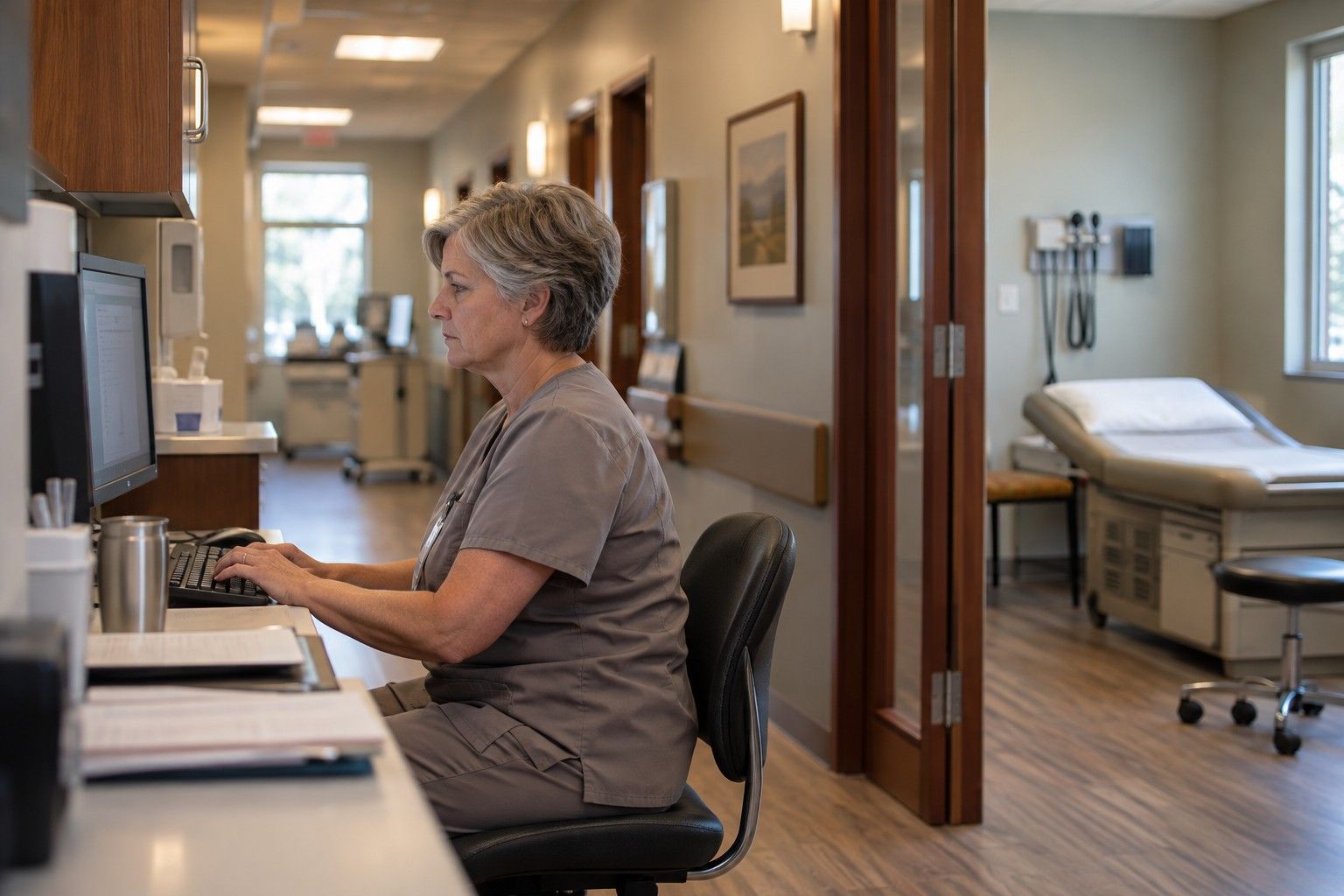 A nurse typing notes at a hallway workstation beside an empty exam room
