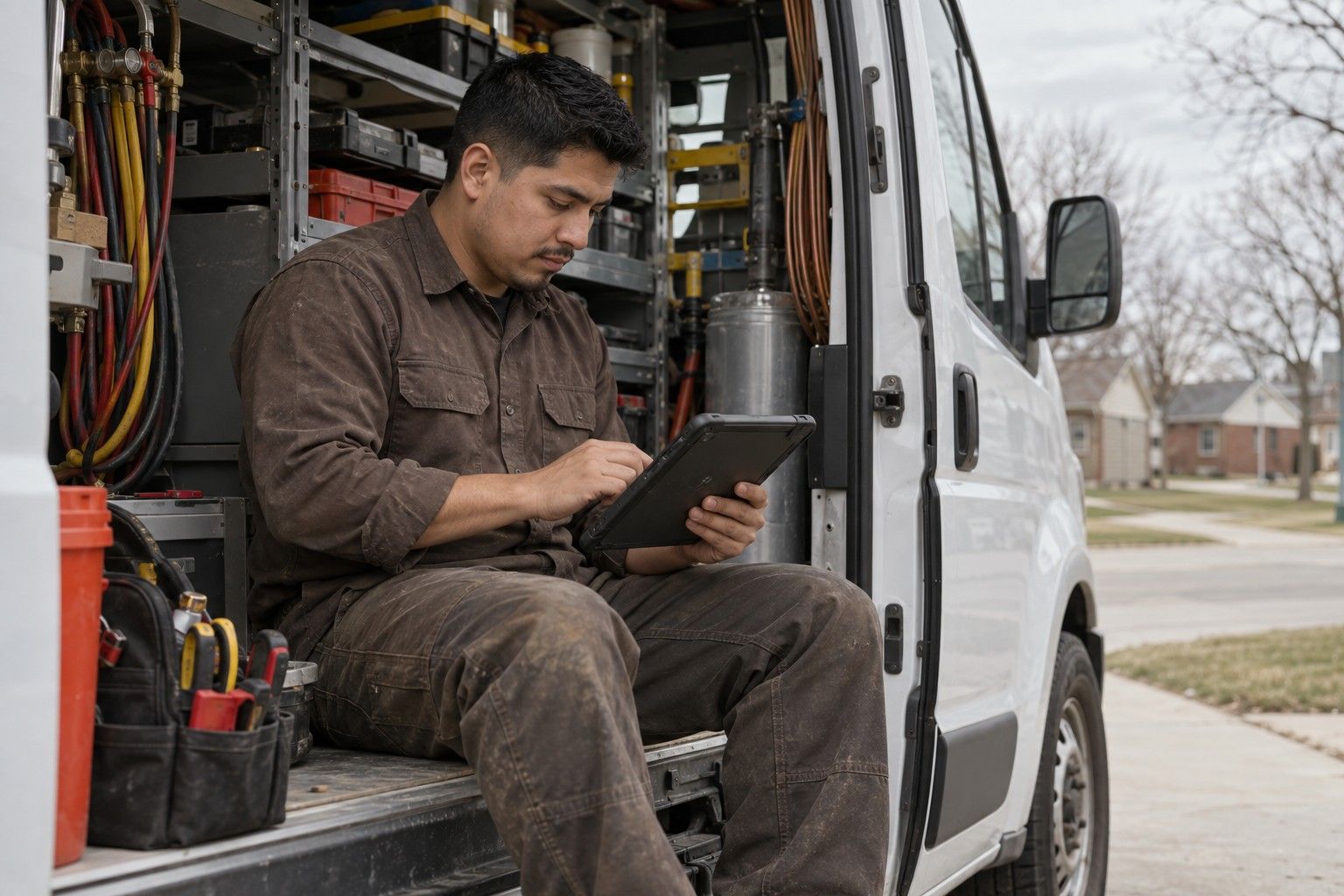 An HVAC technician entering job notes on a tablet in his van