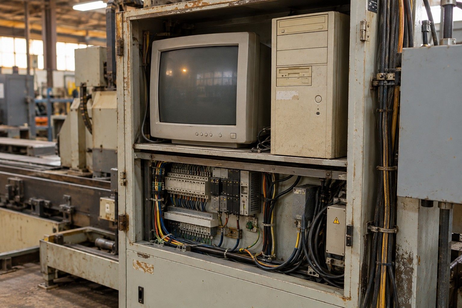 An old control cabinet with a beige PC and CRT monitor wired into factory machinery