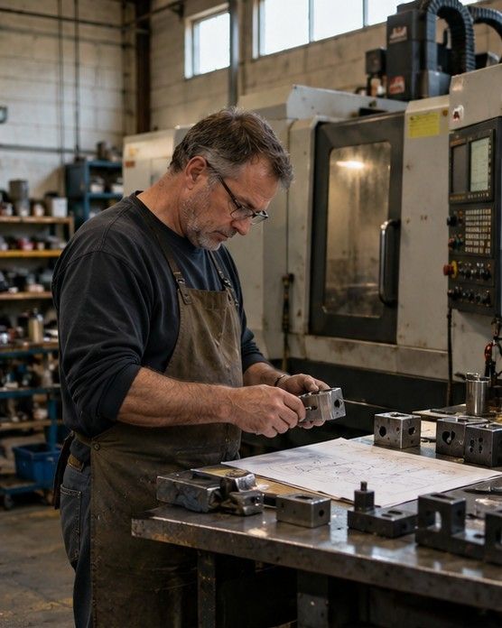 A machinist checking a part against a drawing