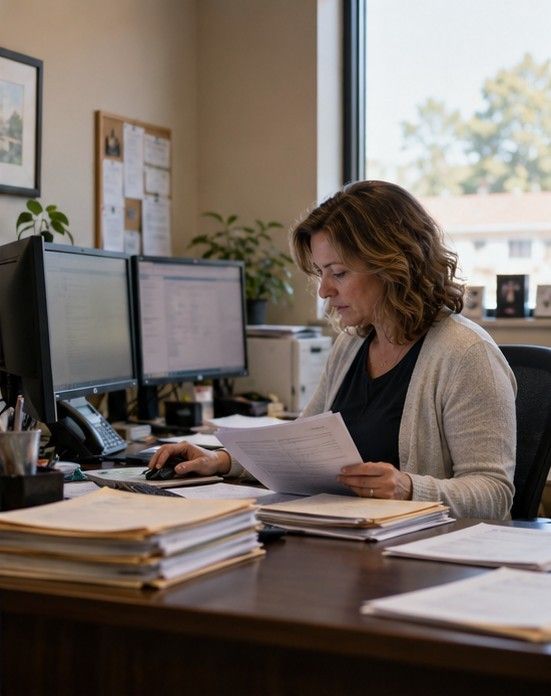 A professional reviewing documents at a desk with two monitors and client folders