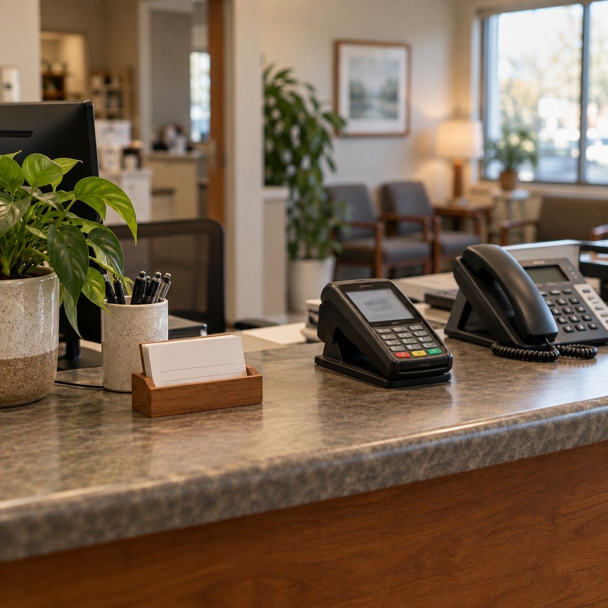 A clinic front counter with a card terminal, phone, and appointment cards