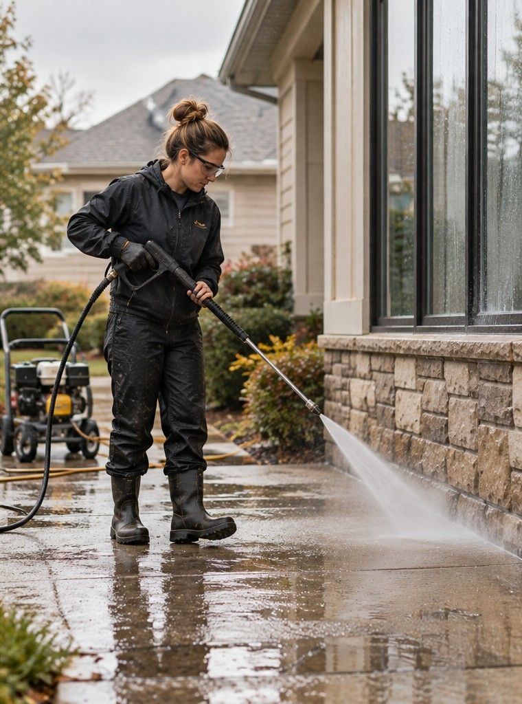 A worker power washing a driveway
