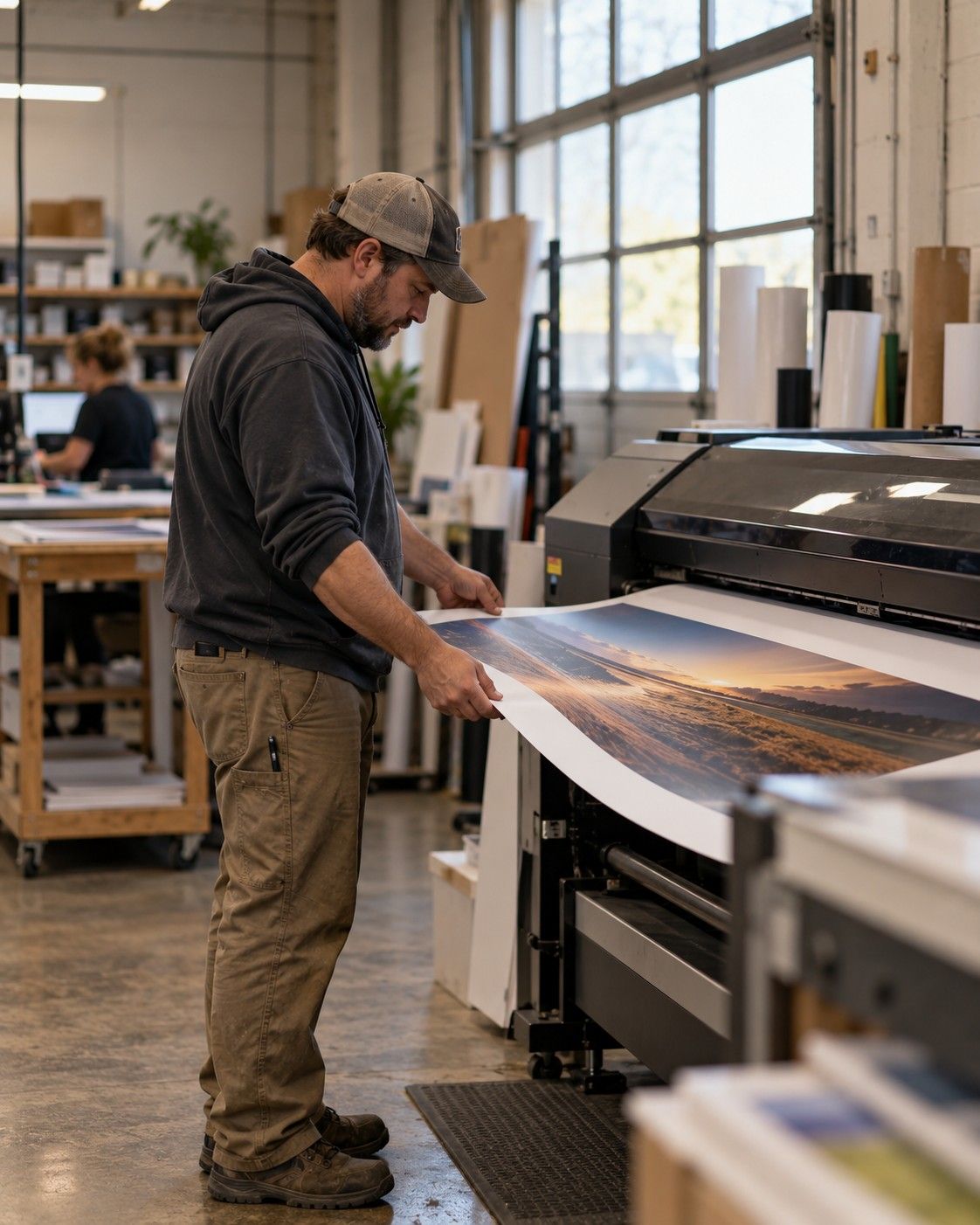 A print shop worker checking a large-format print as it comes off the printer