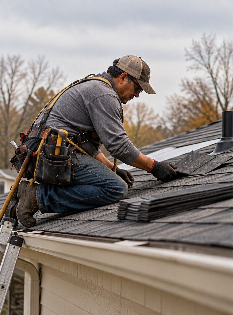 A roofer nailing shingles