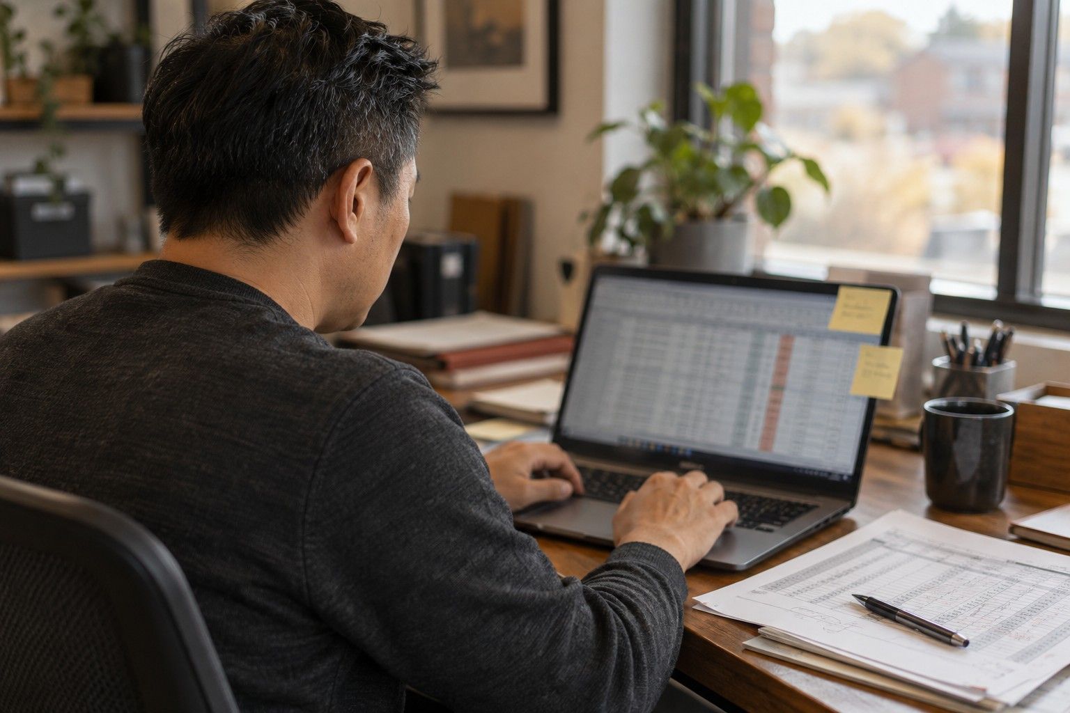 A man working in a spreadsheet on a laptop with sticky notes and a marked-up printout