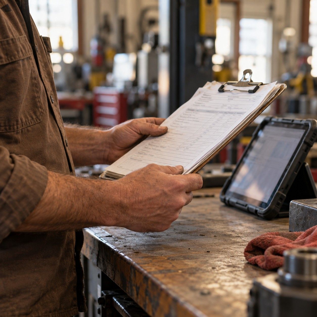 Hands holding a clipboard of work orders next to a rugged tablet
